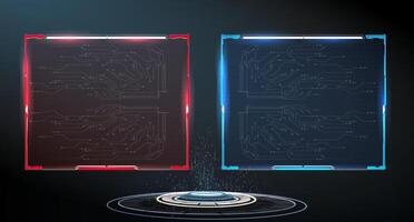 The artwork showcases two high-tech digital interface panels, one red and one blue, glowing against a black backdrop vector