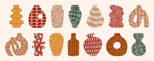 Abstract vases silhouette set with various doodle hand drawn geometric objects, patterns, textures. Handmade ceramic pots of bizarre shapes. Pottery illustration, trendy minimalist style. vector