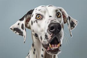 Portrait of a shocked Dalmatian dog on isolated background photo