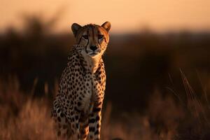 A cheetah carefully observing its surroundings.Front view photo