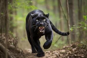 Angry black panther roaring and running in the forest photo