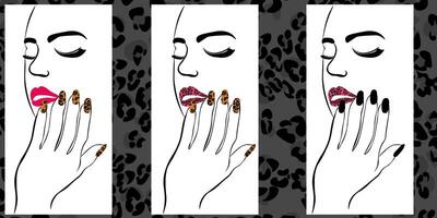 Set of stylish posters with a portrait of a woman with a leopard print on her lips and nails, fashionable animalistic pattern on the background vector