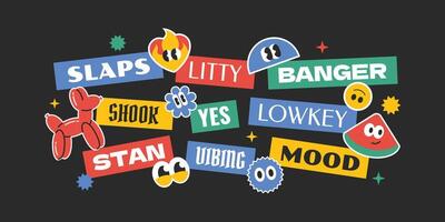Groovy hipster colorful sticker, tags, labels collection. Y2k style gen z and millenials text. vector
