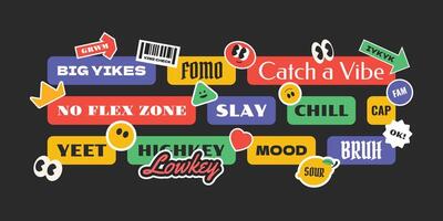 Vintage and hipster groovy stickers, tag, patch, labels, emblem collection. Y2k gen z and millenial text style. vector