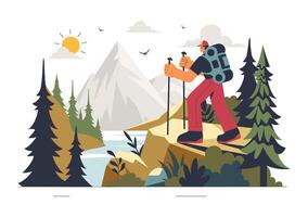 Flat Illustration of a Group Hiking on a Trail in a Beautiful Mountain Setting vector