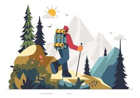 Peaceful Mountain Trekking Illustration of Hikers Walking on a Trail in Nature with Flat Background vector