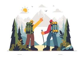 Hiking Expedition Illustration with Backpackers Exploring a Tranquil Mountain Path in Flat Styl vector