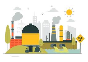 Illustration of a Working Factory Contributing to Air and Water Pollution vector