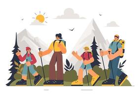 Mountain Adventure Illustration with Hikers Using Walking Poles on a Scenic Trail in a Flat Style Background vector
