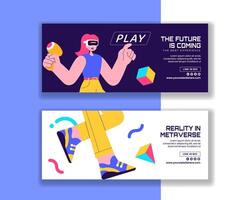 Flat Cartoon Templates for Metaverse and Virtual Reality Social Media Horizontal Banner vector