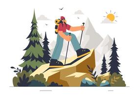 Illustration of Hikers on a Mountain Trail with Walking Sticks and Backpacks in a Flat Cartoon Background vector