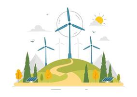 Wind Energy Design Featuring Turbines in a Green Landscape with Mountains vector