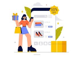 Online Shopping Design Showing Customers Using Phones for Promotions, Sales, and Delivery Services vector