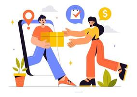 Digital Shopping Illustration Featuring Mobile Phone Users with Sale Tags and Fast Delivery Options vector