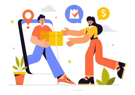 Digital Shopping Illustration Featuring Mobile Phone Users with Sale Tags and Fast Delivery Options