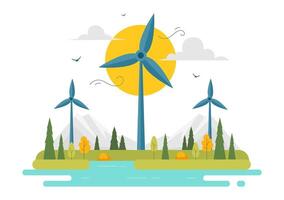 Renewable Wind Energy Illustration with Turbines and a Green Mountain View vector