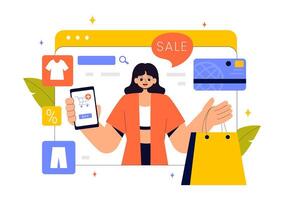 Illustration of Mobile E-commerce with Users Shopping Online for Discounts and Fast Delivery vector