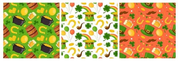 Hand-Drawn Saint Patrick's Day Seamless Pattern with Flat Cartoon Elements vector