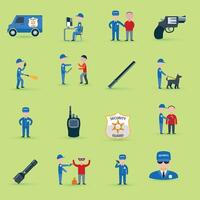 Security guard officer service cartoon character icons set with patrolling and detention duties abstract isolated vector