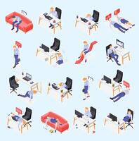 Burn-out syndrome isometric icons set with work symbols isolated vector