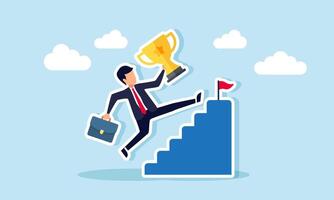 Businessman jumping over stairs while carrying a trophy to reach the top, illustration of efforts to maintain the title as a leading company vector