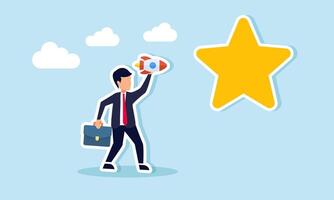 Businessman preparing to launch a rocket toward a star, illustration of targeting business quality improvement vector