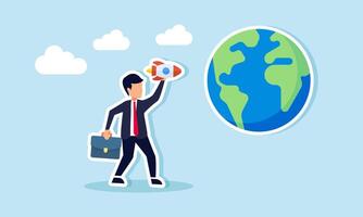 Businessman preparing to launch a rocket toward the globe, illustration of targeting a business to become a global player vector