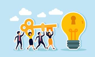 Businesspeople work together to lift a key and aim it at a keyhole on a lamp, illustration of teamwork in finding solutions to generate business ideas and innovations vector