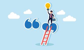 Businessman lifting a lamp while standing on quotation marks, illustration of efforts to generate business ideas gained from forum discussion sharing vector