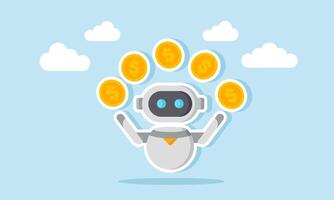 AI robot juggling several dollar coins, illustration of AI helping to increase business revenue and profit vector