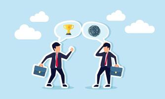 Businessman discuss a trophy while another businessman looks confused by the explanation, illustration of struggling to understand a discussion on become a leading company vector