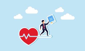 A businessman stands on a heartbeat holding a book, illustration of the importance of preparing reports for the completion of a business project vector