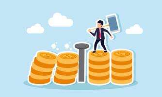 A businessman holding a big hammer stands on a stack of coins after driving a nail into the ground to protect other stacks of coins, illustration of efforts to secure financial assets vector