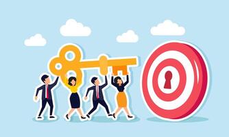 Businesspeople work together to lift a key and aim it at a keyhole on a target board, illustration of teamwork in finding solutions to achieve business goals vector