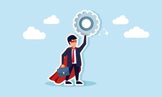Businessman like a superhero lifting a shining gear machine, illustration of hard work in creating an ideal business system vector