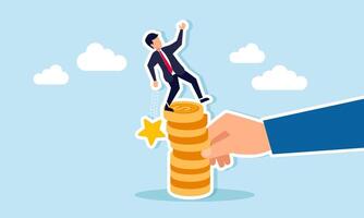 A businessman tries to balance standing on a stack of dollar coins damaged by a hand while accidentally dropping a star, illustration of quality lost due to financial instability vector