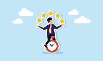 A businessman rides a unicycle while juggling stars, illustration of a deadline in improving business quality to meet the business timeline vector