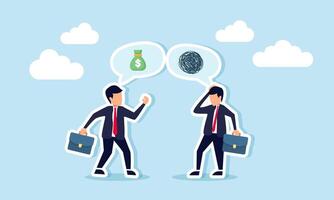 Businessman discussing finance while another businessman looks confused by the explanation, illustration of struggling to understand a business finance discussion vector