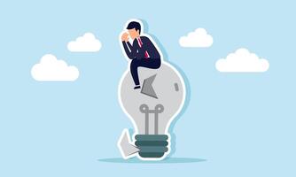 Businessman feeling disappointed and sad, sitting on a broken lamp, illustration of frustration in applying failed ideas due to irrelevance vector