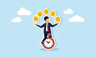 A businessman rides a unicycle while juggling dollar coins, illustration of a deadline in determining the right and profitable direction for business investment policy vector