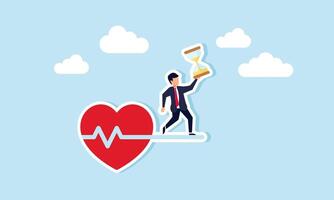 A businessman stands on a heartbeat holding an hourglass, illustration of the essence of a business being its process and time vector