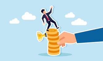 A businessman tries to balance standing on a stack of dollar coins damaged by a hand while accidentally dropping a trophy, illustration of achievements lost due to financial instability vector