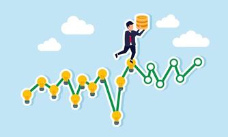 A businessman stands on a light chart holding a stack of coins, illustration of progress in applying one idea to another to succeed and gain business profit vector