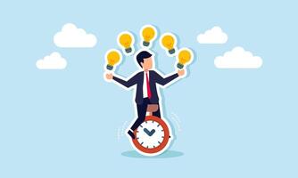A businessman rides a unicycle while juggling lamps, illustration of thinking to determine the right and relevant ideas to apply in business vector