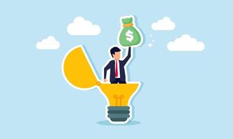 A businessman emerges from a lit lamp holding a sack of money, illustration of creativity in generating business ideas and innovations aimed at increasing profit and revenue vector