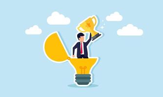 A businessman emerges from a lit lamp holding a trophy, illustration of creativity in generating business ideas and innovations aimed at becoming a leading company vector