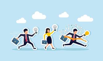 Businessmen carrying broken lamps race to the finish line, but one carries a lit lamp and wins, illustration of competition in presenting business ideas and innovations vector