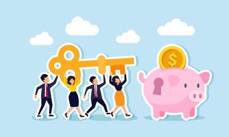 Businesspeople work together to lift a key and aim it at a keyhole on a piggy bank, illustration of teamwork in finding solutions to increase investment assets vector