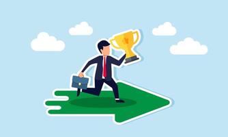 Businessman carrying a trophy running along an arrow, illustration of guidelines for making a company a leading business dominating market share vector