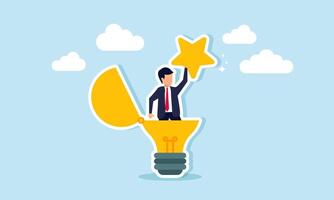 A businessman emerges from a lit lamp holding a star, illustration of creativity in generating business ideas and innovations aimed at improving business quality vector